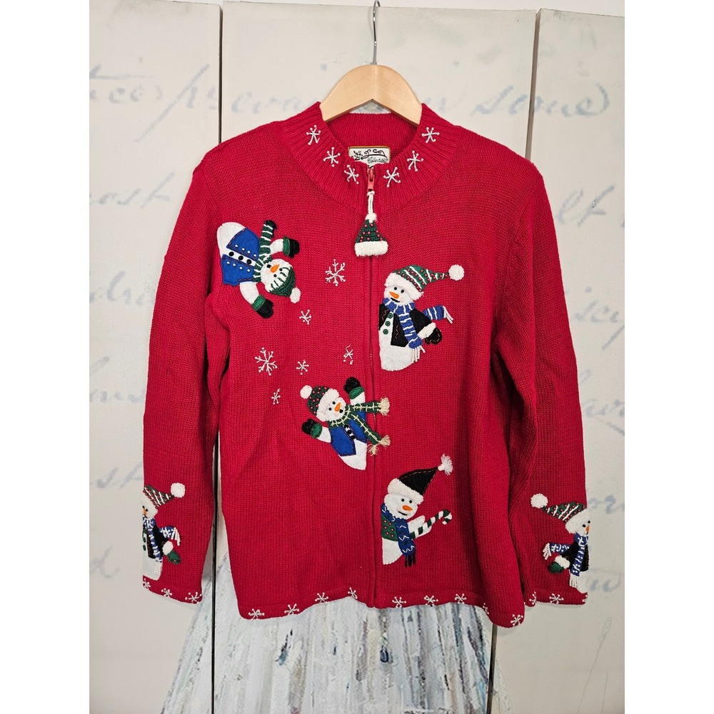Heirloom Collectibles Snowman Zip Cardigan Small Red Beaded Christmas Sweater